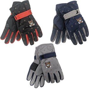 3 x Boys Winter Ski Gloves w/ Bear Print Faux Fur Lined Hook & Loop Waterproof